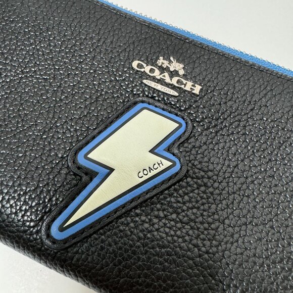 Coach Lightning Bolt Wallet Black Leather Two Pouch One Zip Pocket Blue White. - Picture 6 of 7